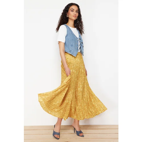 Trendyol Mustard Floral Patterned Pleated Elastic Waist Woven Skirt