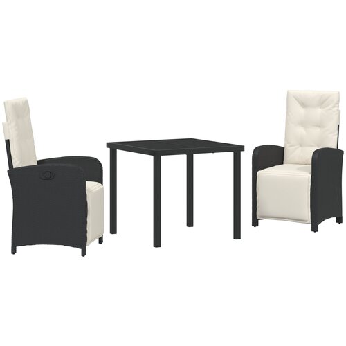 VidaXL Set od 3 dijela vrtne blagovaonice s jastučićima Crni poli ratan, Vrtni stol Crni 80x80x73 cm Stakleni stol Slike