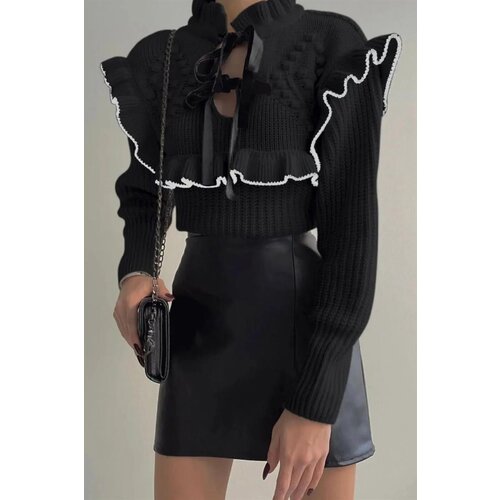 Dewberry 76249 Ruffle Detail Knitted Women Sweater-BLACK Slike
