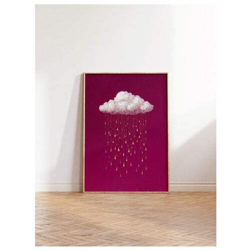 Wallxpert uramljena slika 115233, beli oblak sa zlatnim kapima ki&amp;scaron;e na ciklama pozadini, 30 x 40 cm, ram u boji prirodnog drveta Slike