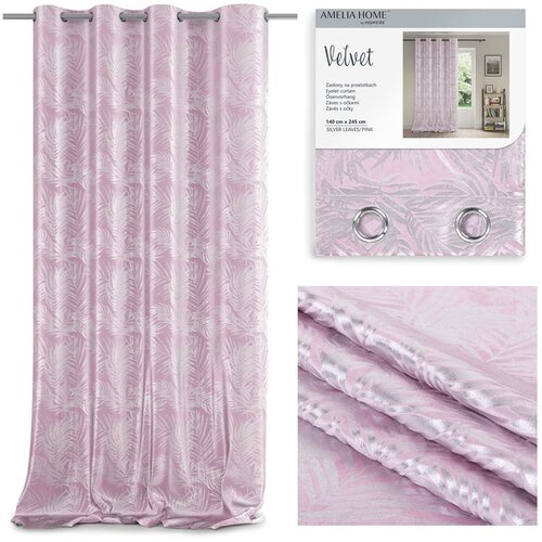  Curtain SILVERLEAVES color powder pink printed style glamor silver eyelets velvet 140x245 AmeliaHome Slike
