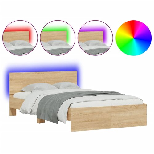 Maison Chic Posteljni okvir - Dvoposteljna postelja - Zakonska postelja z vzglavjem in LED sonoma hrast 135x190 cm, (21697001) Slike