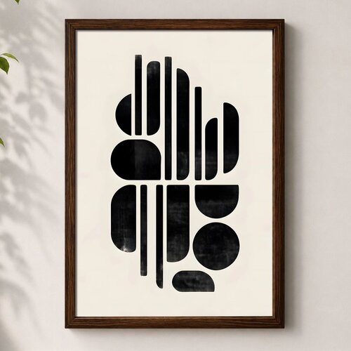 Wallxpert uramljena mdf slika 3752KACT-024, apstraktne crne geometrijske forme na krem pozadini, 37 x 52 cm Cene