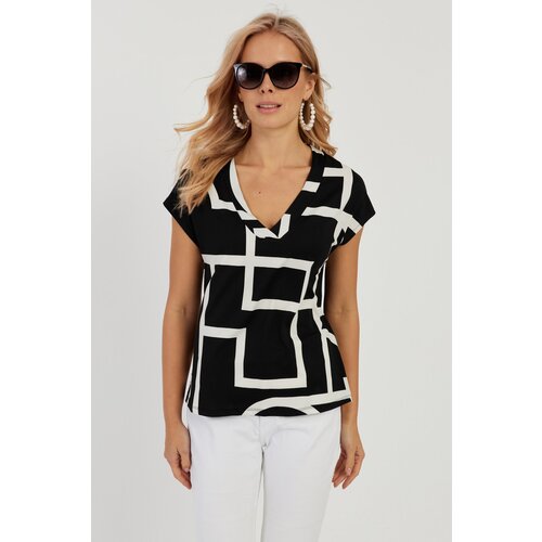 Cool & Sexy Women's Black V-Neck Patterned Blouse Slike