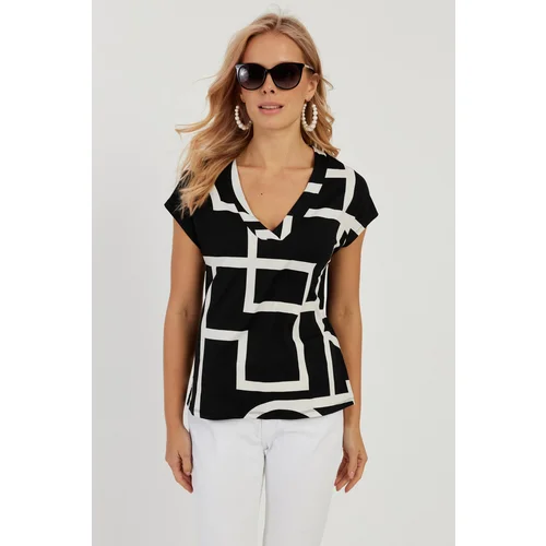 Cool & Sexy Women's Black V-Neck Patterned Blouse