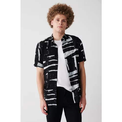 Avva Men's Black Button Collar Soft Handle Abstract Patterned Standard Fit Regular Cut Shirt