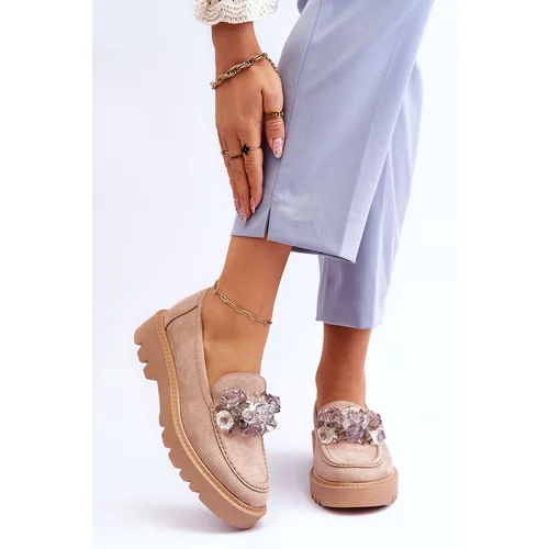 Kesi Fashionable suede loafers with crystals beige Demeris