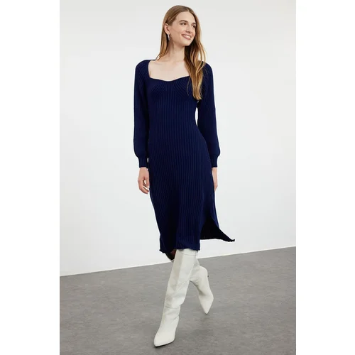 Trendyol Navy Blue Midi Knitwear Sweetheart Neckline Dress