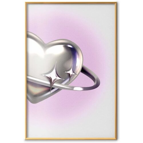  Plakat Cosmic Heart - silver heart with a ring on a purple background 21x30 Zlatni okvir Slike