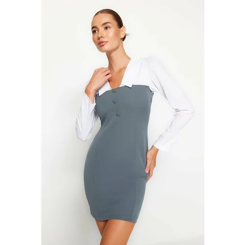 Trendyol Gray Stretchy Woven Dress with Shirt Detail
