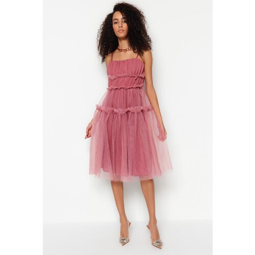 Trendyol Dried Rose Tulle Elegant Evening Dress that Opens at the Waist/Skater Lined Slike