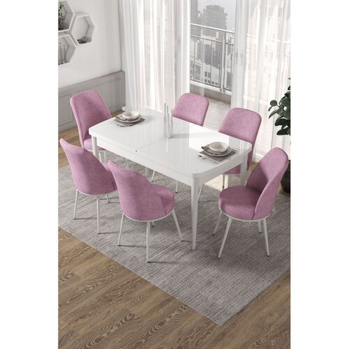 Hanah home trpezarijski set Via, sto na razvlačenje i 6 stolica, bela ploča, roze tkanina Jerry Cene