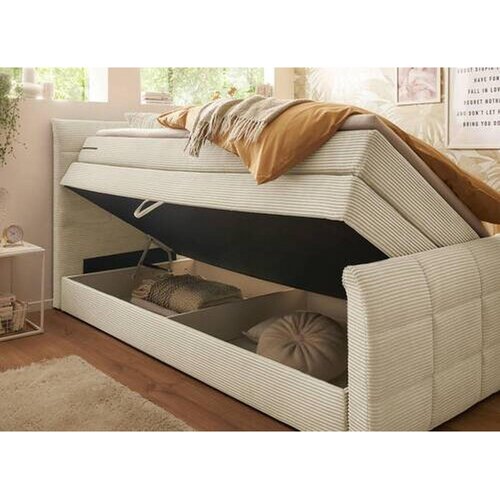 MID.YOU POSTELJA BOXSPRING 120 cm x 200 cm , tekstil, leseni material krem barve Slike