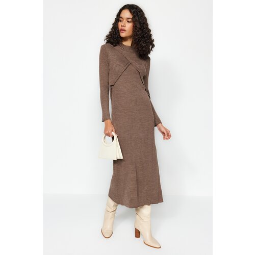 Trendyol Mink Double Breasted Neck Stitch Detail Knitwear Dress Slike