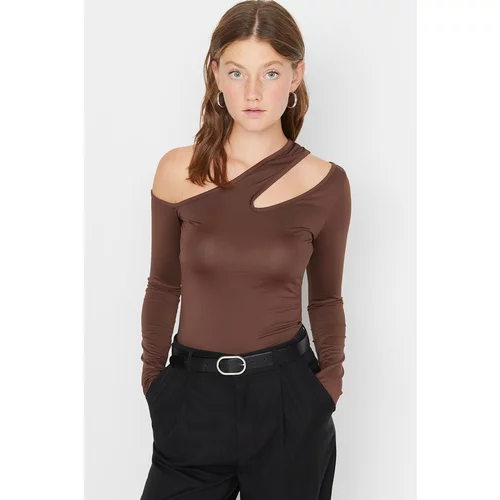 Trendyol Brown Asymmetric Collar Fitted Knitted Blouse
