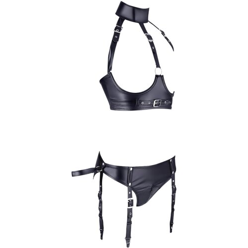 Cottelli Bondage - svetleč komplet odprtega modrčka z manšetami (črn) - M Cene