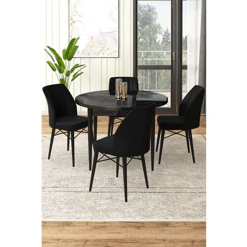 Hanah home Rox - Black Marble, Black Black MarbleBlack Dining Table & Chairs Set (5 Pieces) Cene