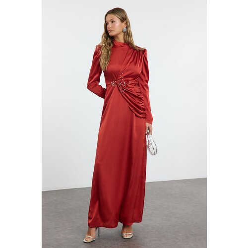 Trendyol Red Stone Embroidered Woven Satin Evening Dress Slike