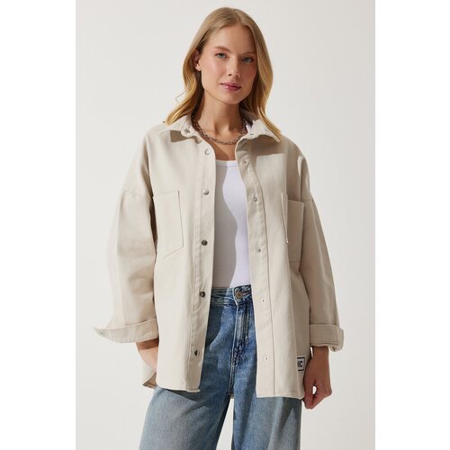 women's cream oversize gabardine jacket with pockets Slike