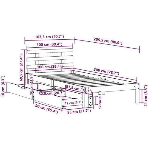 VidaXL Okvir kreveta s ladicama bez madraca bijeli 100x200 cm Slike