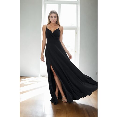 Dewberry 74886 Rope Strap Slit Evening & Graduation Dress-BLACK Cene