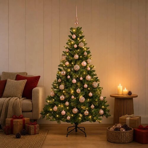  Umjetno božićno drvce s kuglicama 120 cm 150 LED lampica - Zelena 120 cm s LED-ima i ružičastim lopticama Slike