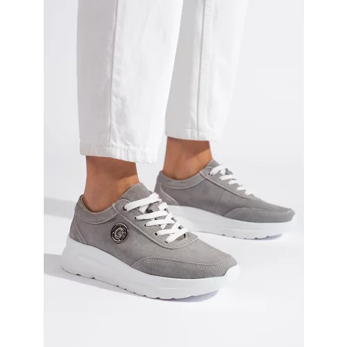 Shelvt Grey Leather Trainers