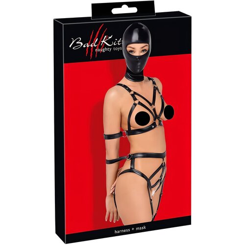 Bad Kitty Harness Strap Set with 4 Arm Cuffs & Mask 2480492 Black M Cene