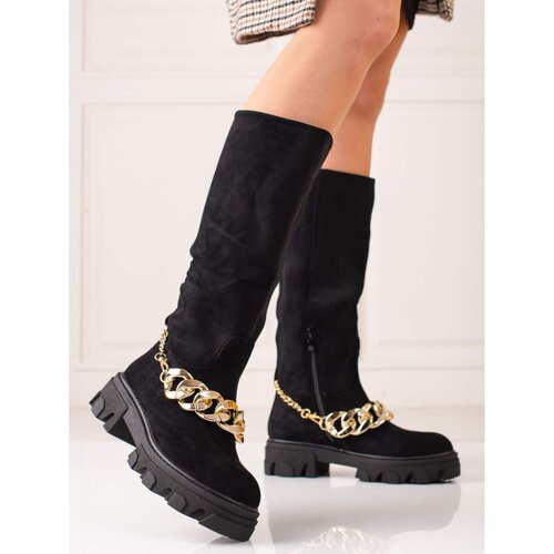 SHELOVET Women's Boots black with gold chain Cene