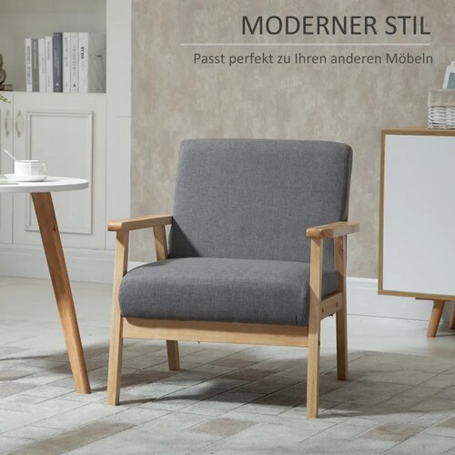  Fotelja u skandinavskom stilu ukrasna stolica puno drvo izgled lana 64 cm x 70 cm x 72 cm siva + prirodna Slike