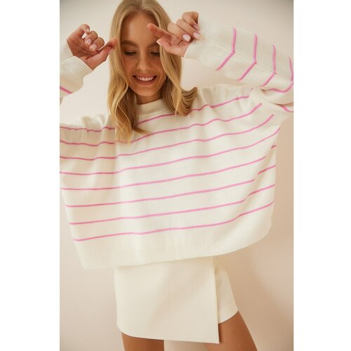 Happiness İstanbul Women's Pink Bone Striped Oversize Knitwear Sweater Cene