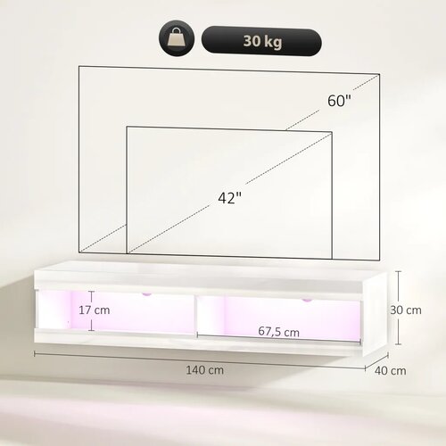  TV ormarić RGB LED rasvjeta 16 boja za TV 55-60 inča 140x40x30 cm visok sjaj bijela Slike