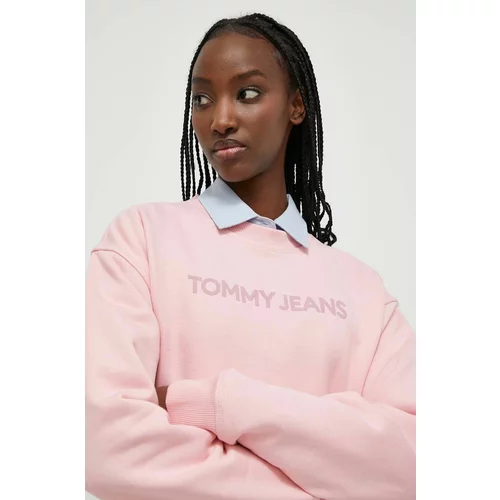 Tommy Jeans Bombažen pulover ženska, roza barva