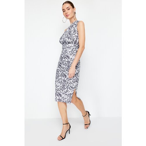 Trendyol gray leopard fitted one-shoulder asymmetric gathered detailed knitted midi dress Cene