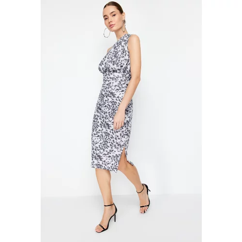 Trendyol Gray Leopard Fitted One-Shoulder Asymmetric Gathered Detailed Knitted Midi Dress