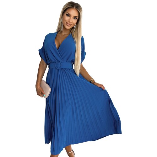 Numoco Pleated midi dress with neckline and wide belt Cene