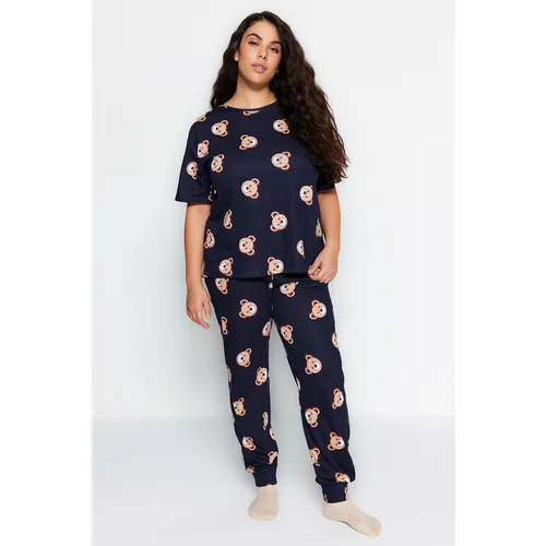 Trendyol Curve Navy Blue Teddy Bear Pattern Knitted Pajamas Set