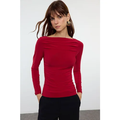 Trendyol Burgundy Boat Neck Draped Fitted Stretchy Knitted Blouse