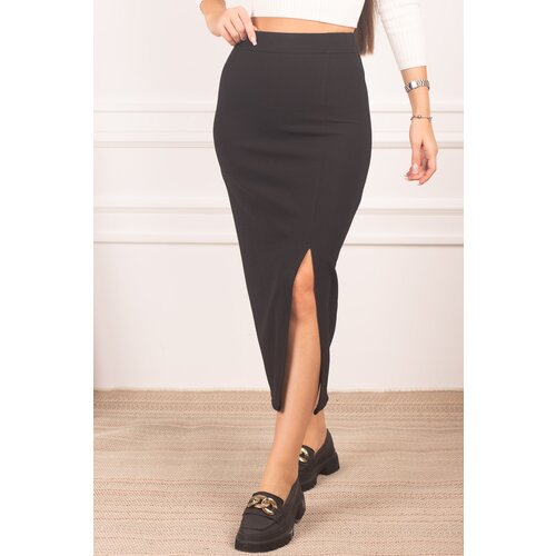 armonika Women's Black Front Slit Elastic Waist Knee-length Pencil Skirt Slike