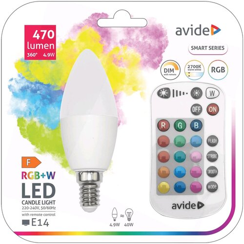 Avide Pametna sijalica, LED 4.9W, E14, RGB+W, 2700K, daljinski &amp;ndash; Smart LED Candle 4.9W Slike