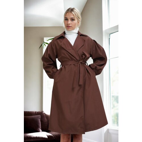 Dewberry 40345 Belted Balloon Sleeve Women Trenchcoat-COFFEE Slike