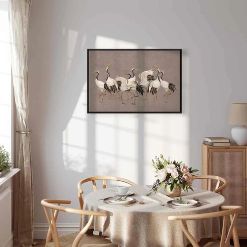  Slika - Crane dance &amp;ndash; bright silhouettes of birds against a warm grey background with texture 90x60 U crnom drvenom okviru Slike