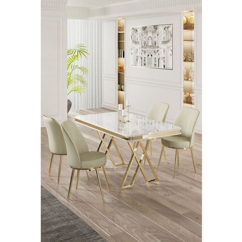 Hanah home Vals - White, Gold, Cream WhiteGoldCream Dining Table & Chairs Set (5 Pieces) Cene