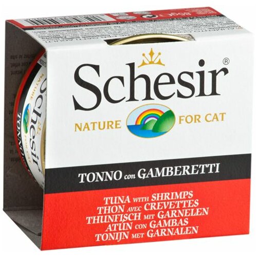 Schesir hrana za mačke u konzervi tunjevina i račići u želeu 85gr Slike