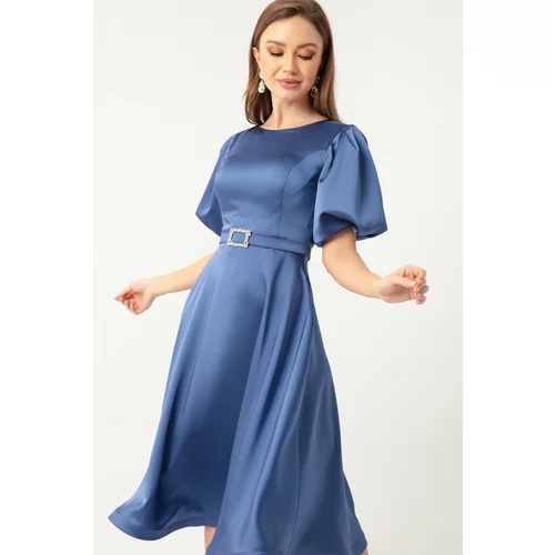 Lafaba Women's Indigo Mini Satin Evening Dress with Balloon Sleeves and Stones and a Belt.