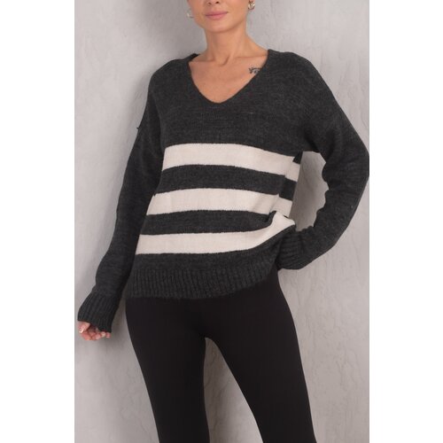 armonika Women's Black and White Lily V-Neck Striped Knitwear Sweater Slike