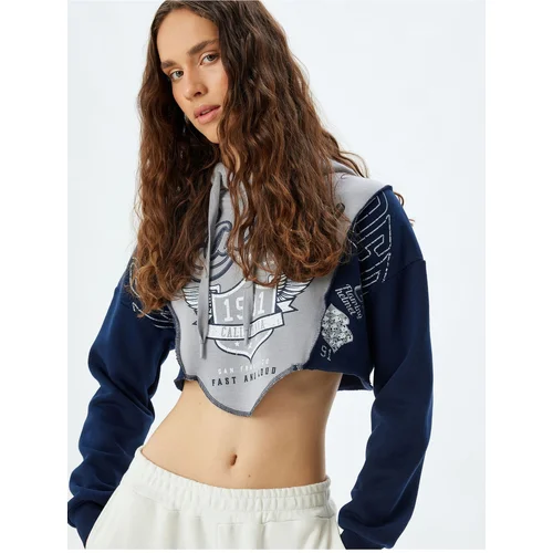 Koton Crop Hooded Sweatshirt Asymmetric Printed Color Block