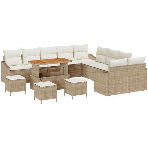 VidaXL set vrtnih sofa od 14 dijelova s jastučićima bež poli ratan akacija, 2-sjedalna vrtna sofa s pohranom&amp;amp; jastučićima bež poli ratan, 4-dijelni set vrtne blagovaonice s jastučićima bež poli ratan akacija Slike
