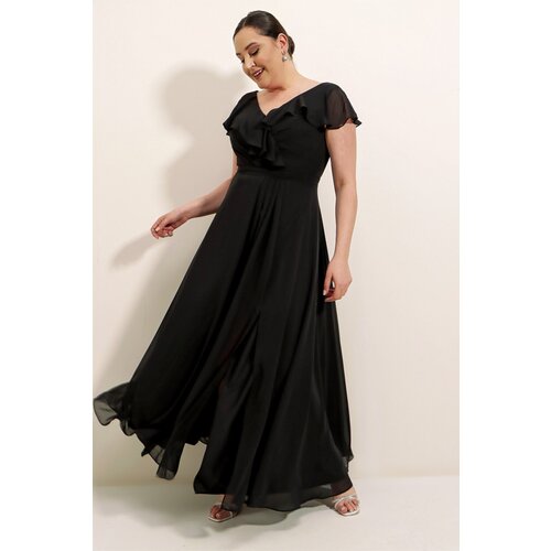 By Saygı Flywheel Pleat Lined Long Chiffon N.B. Dress Black Slike