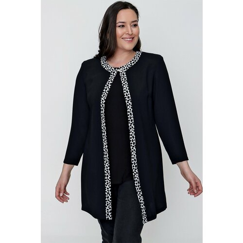 By Saygı Leopard Pattern With Trim And Front piping Plus Size Crepe Double Suit Black Slike